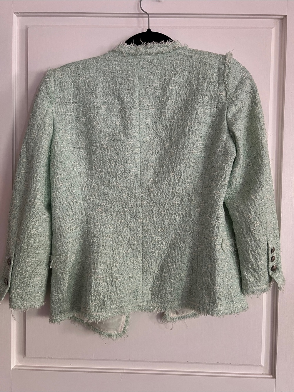 Zara Pastel Mint Bouclé Frayed-Edge Blazer - Picture 3 of 6